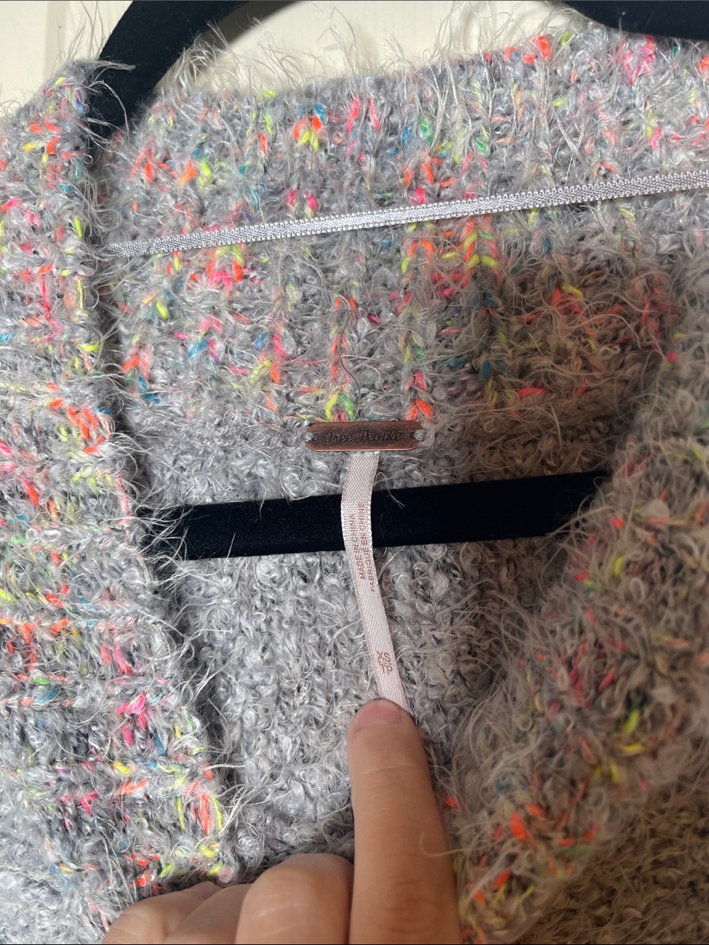 Free People Gray Fuzzy Crewneck Sweater with Pastel Multicolor Trim - Picture 4 of 8